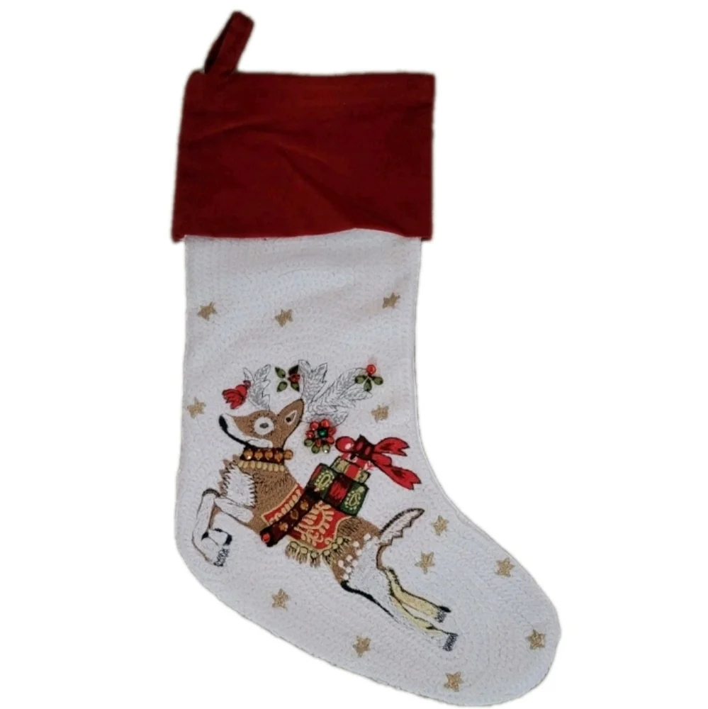 Williams Sonoma TWAS NIGHT BEFORE CHRISTMAS Reindeer Crewel Christmas Stocking